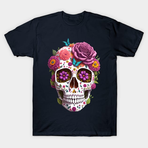 Funny Sugar Candy Skull With Flowers T-Shirt by allovervintage